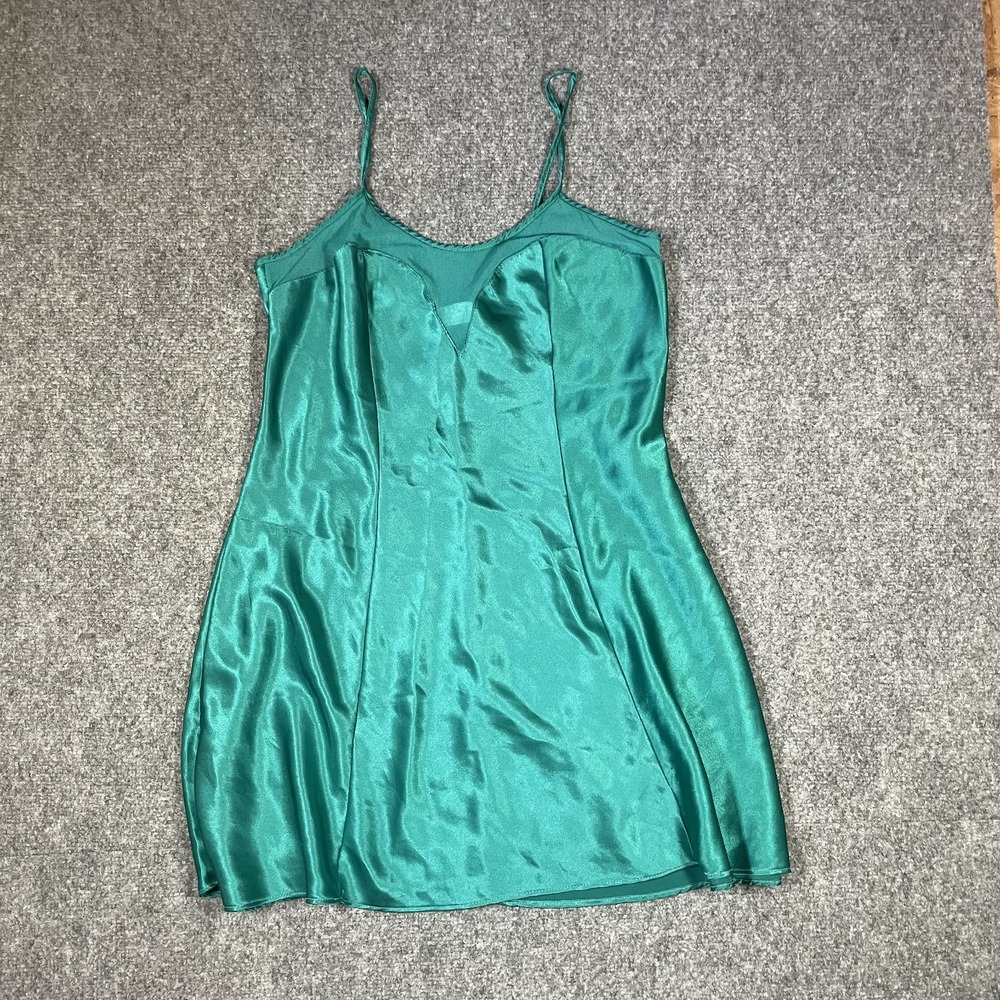 Vintage Val Mode Lingerie Sz Med Green Y2K Satin Mesh Chemise Babydoll USA Made